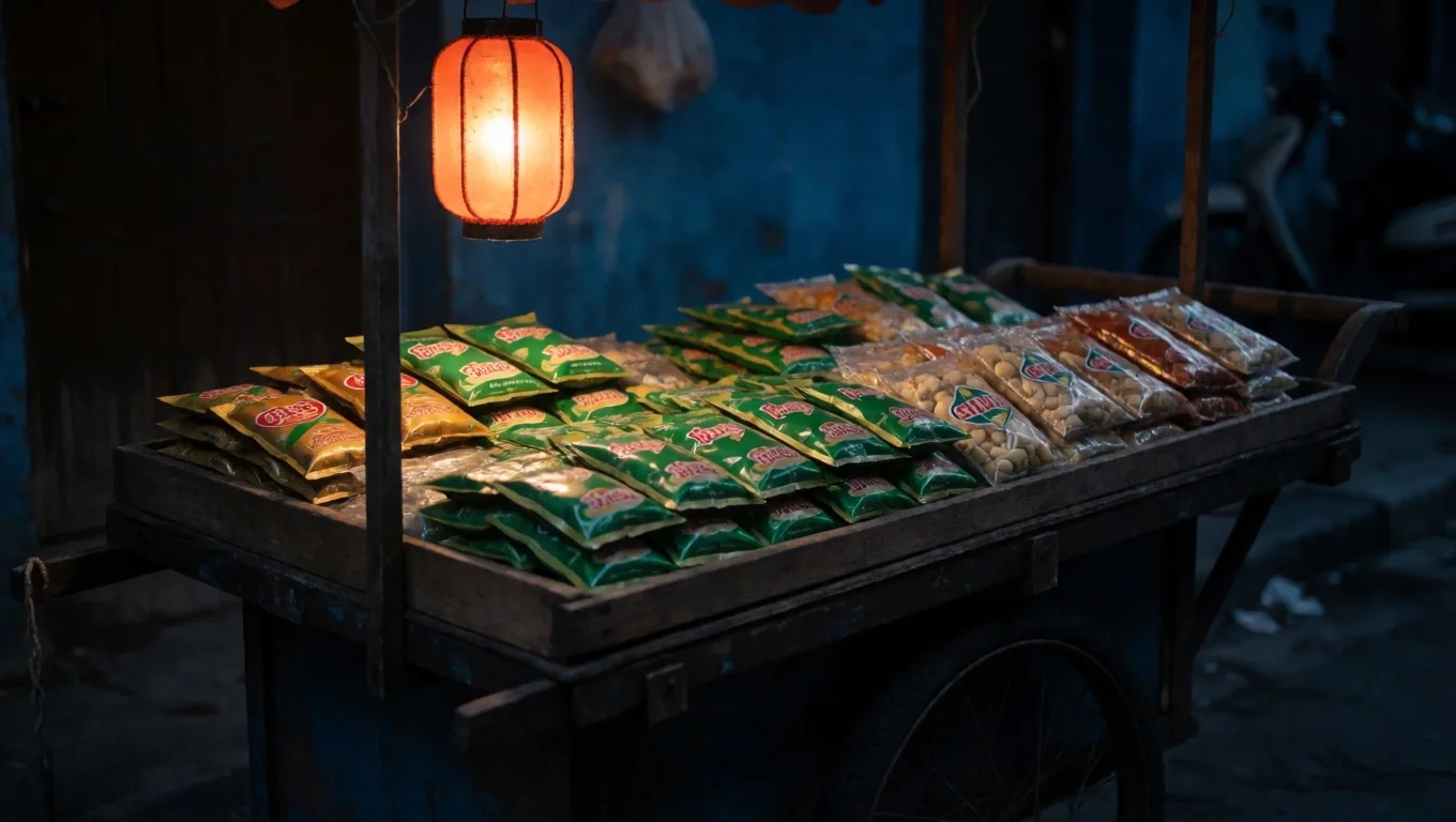 Night-market stall with supplement sachets under a single bulb
