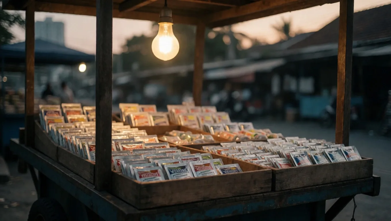 Night market stall with vitamin sachets under a single lantern