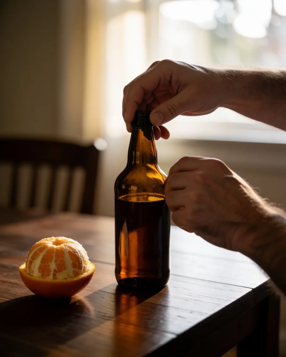 Hands holding a supplement bottle and water glass on a dark wooden table