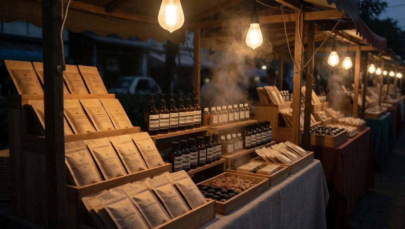 Jakarta night-market stall with natural supplement sachets under a single bulb