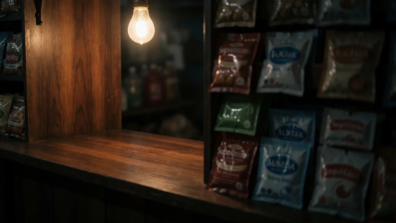 Jakarta night-market stall with natural supplement sachets under a single bulb