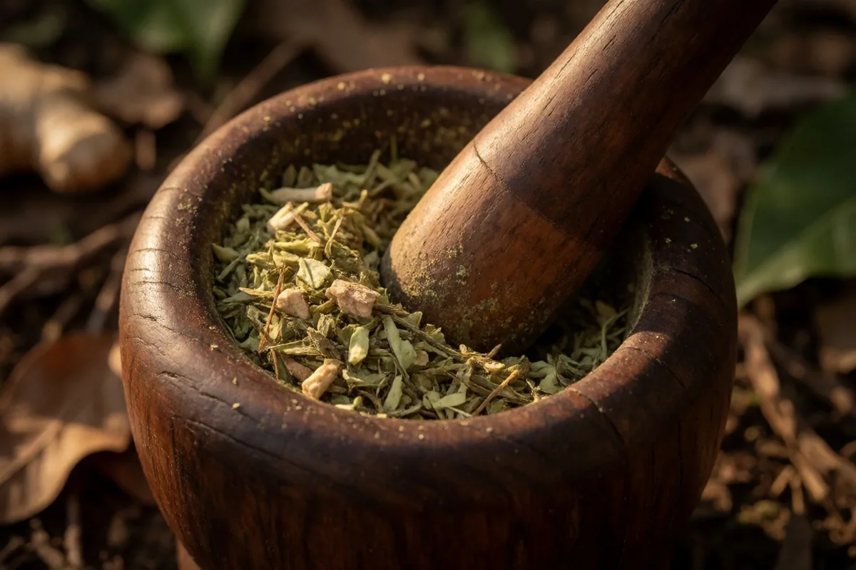 Botanical herbs and roots on a dark wooden table under warm light
